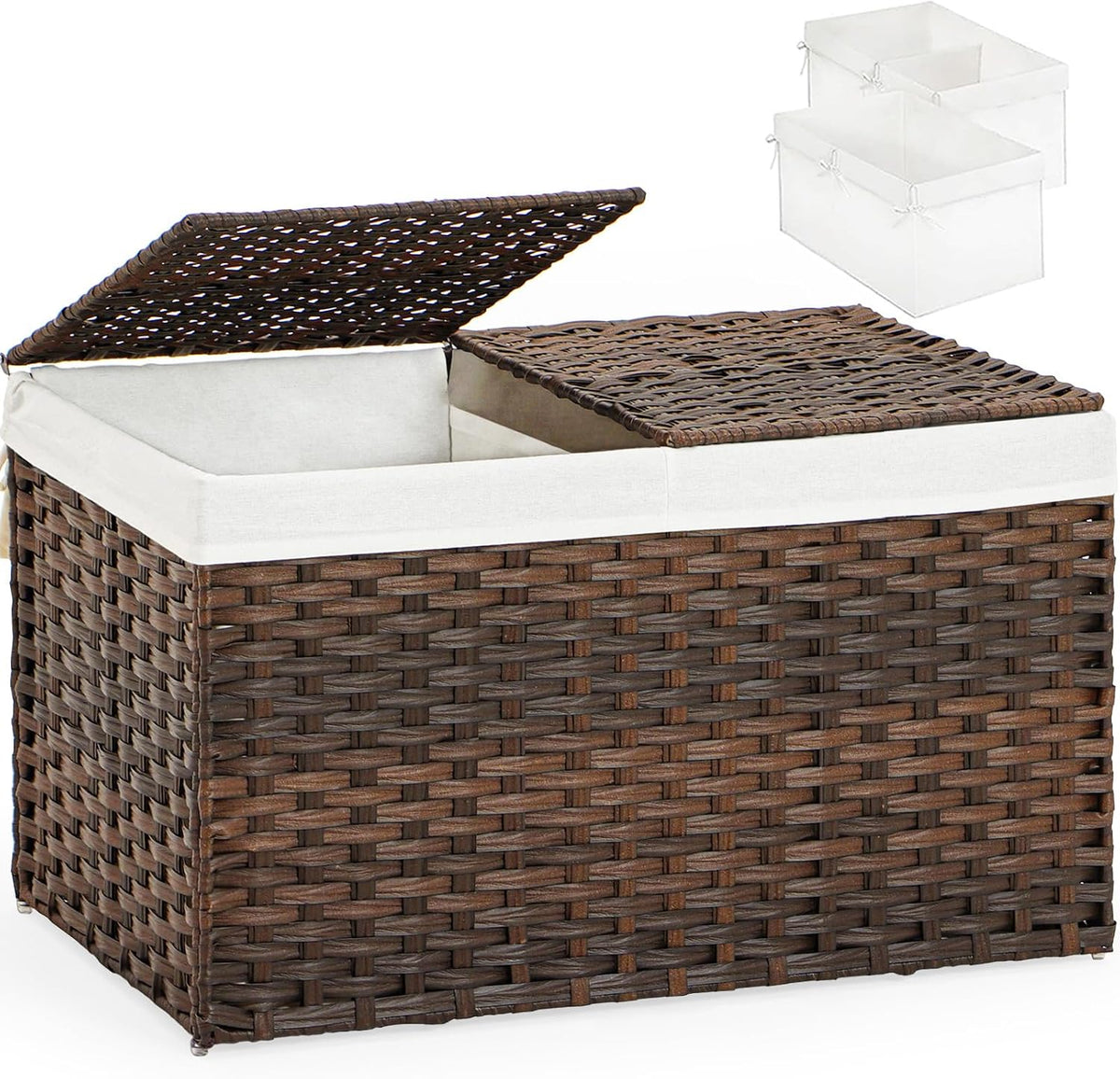 Storage Basket with Lid Rattan Woven Storage Baskets with 2 Separate Lids, 17.2 Gallon (65 L), 22 x 13 x 13.8 Inches,Foldable, 2 Removable Liner Bags Handles for Bedroom, Laundry Room Natural