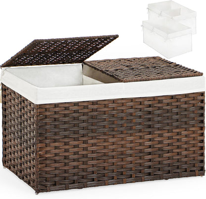 Storage Basket with Lid Rattan Woven Storage Baskets with 2 Separate Lids, 17.2 Gallon (65 L), 22 x 13 x 13.8 Inches,Foldable, 2 Removable Liner Bags Handles for Bedroom, Laundry Room Natural