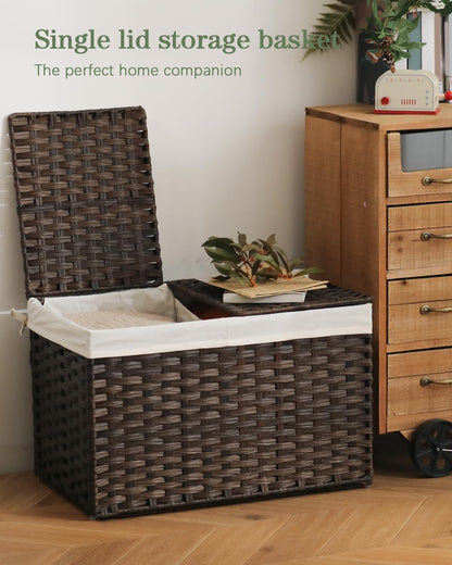 Storage Basket with Lid Rattan Woven Storage Baskets with 2 Separate Lids, 17.2 Gallon (65 L), 22 x 13 x 13.8 Inches,Foldable, 2 Removable Liner Bags Handles for Bedroom, Laundry Room Natural