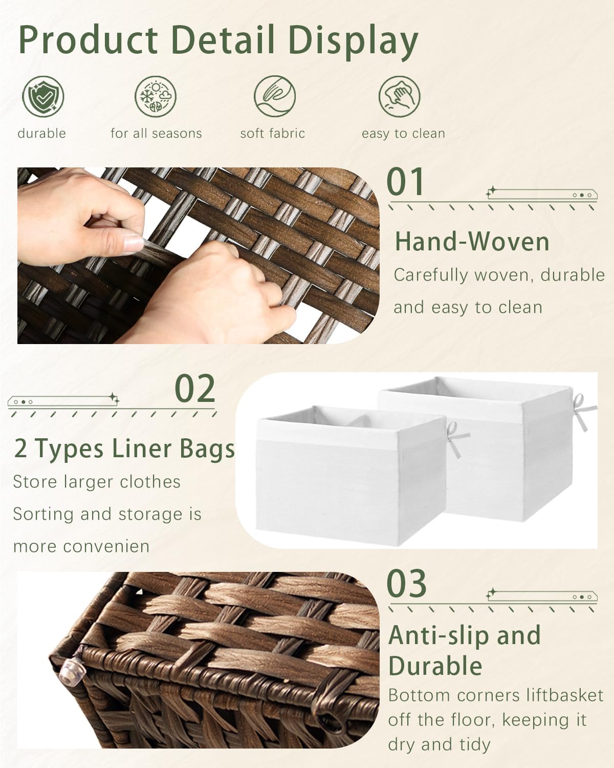 Storage Basket with Lid Rattan Woven Storage Baskets with 2 Separate Lids, 17.2 Gallon (65 L), 22 x 13 x 13.8 Inches,Foldable, 2 Removable Liner Bags Handles for Bedroom, Laundry Room Natural