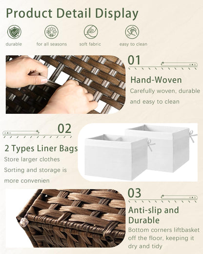 Storage Basket with Lid Rattan Woven Storage Baskets with 2 Separate Lids, 17.2 Gallon (65 L), 22 x 13 x 13.8 Inches,Foldable, 2 Removable Liner Bags Handles for Bedroom, Laundry Room Natural