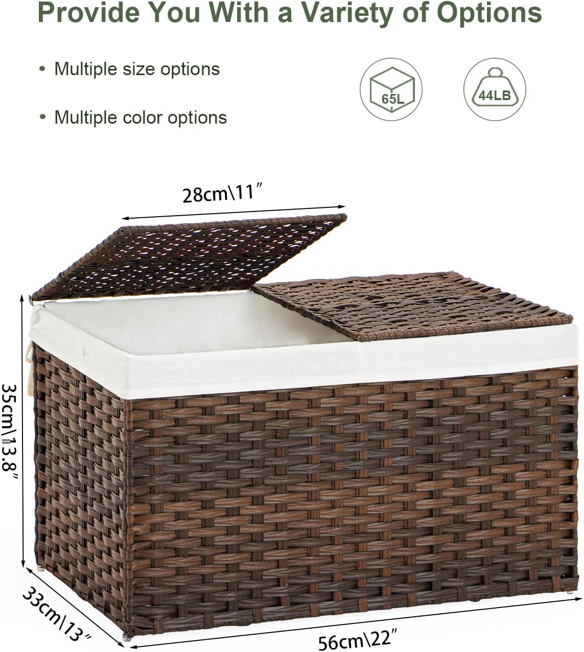 Storage Basket with Lid Rattan Woven Storage Baskets with 2 Separate Lids, 17.2 Gallon (65 L), 22 x 13 x 13.8 Inches,Foldable, 2 Removable Liner Bags Handles for Bedroom, Laundry Room Natural