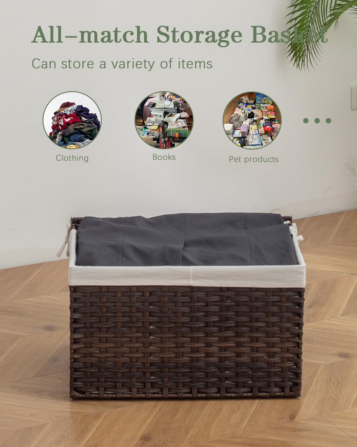 Storage Basket with Lid Rattan Woven Storage Baskets with 2 Separate Lids, 17.2 Gallon (65 L), 22 x 13 x 13.8 Inches,Foldable, 2 Removable Liner Bags Handles for Bedroom, Laundry Room Natural