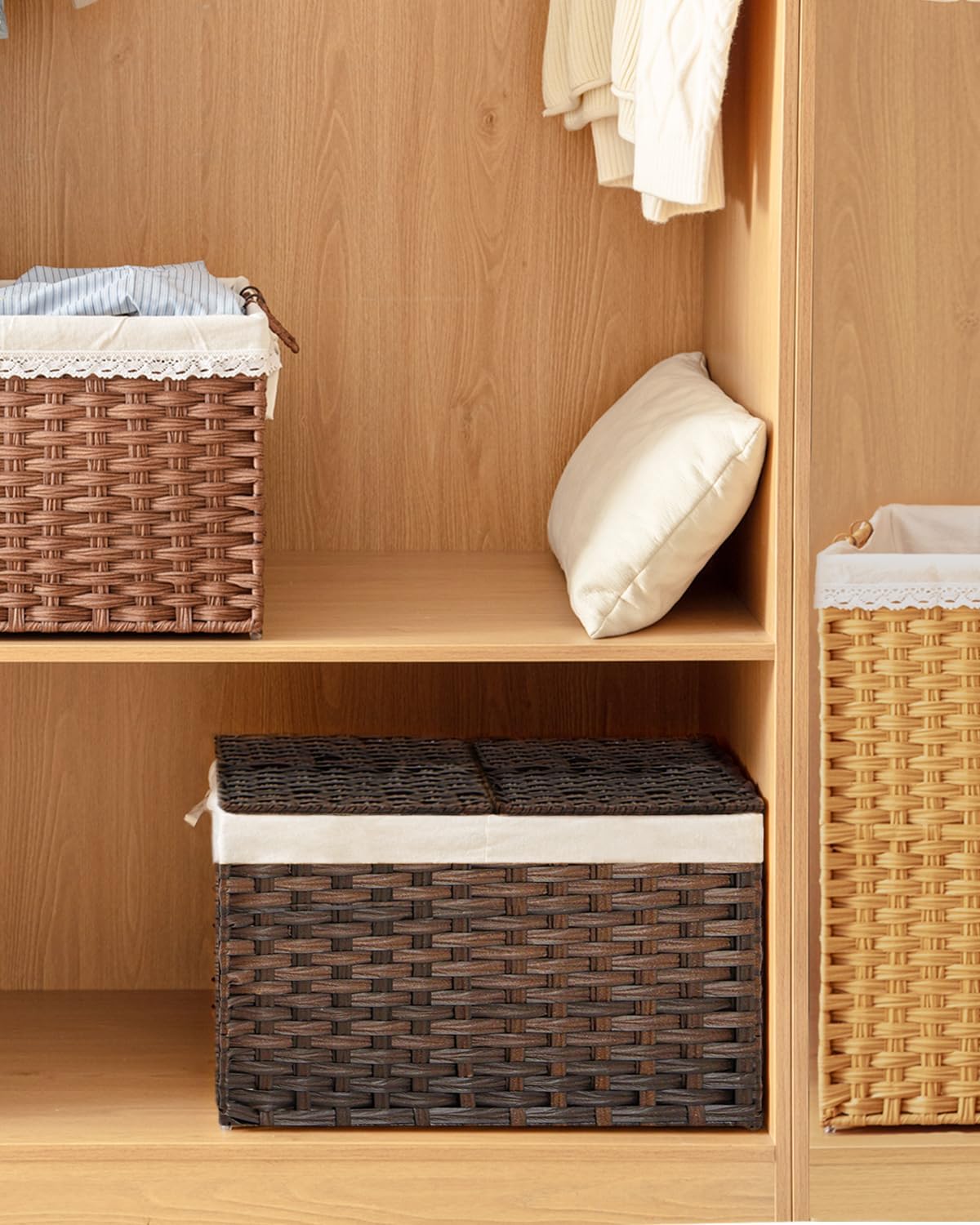 Storage Basket with Lid Rattan Woven Storage Baskets with 2 Separate Lids, 17.2 Gallon (65 L), 22 x 13 x 13.8 Inches,Foldable, 2 Removable Liner Bags Handles for Bedroom, Laundry Room Natural