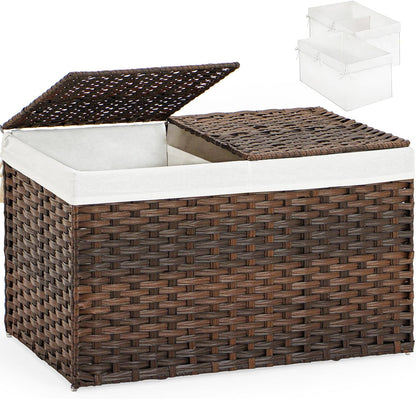 Storage Basket with Lid Rattan Woven Storage Baskets with 2 Separate Lids, 17.2 Gallon (65 L), 22 x 13 x 13.8 Inches,Foldable, 2 Removable Liner Bags Handles for Bedroom, Laundry Room Natural
