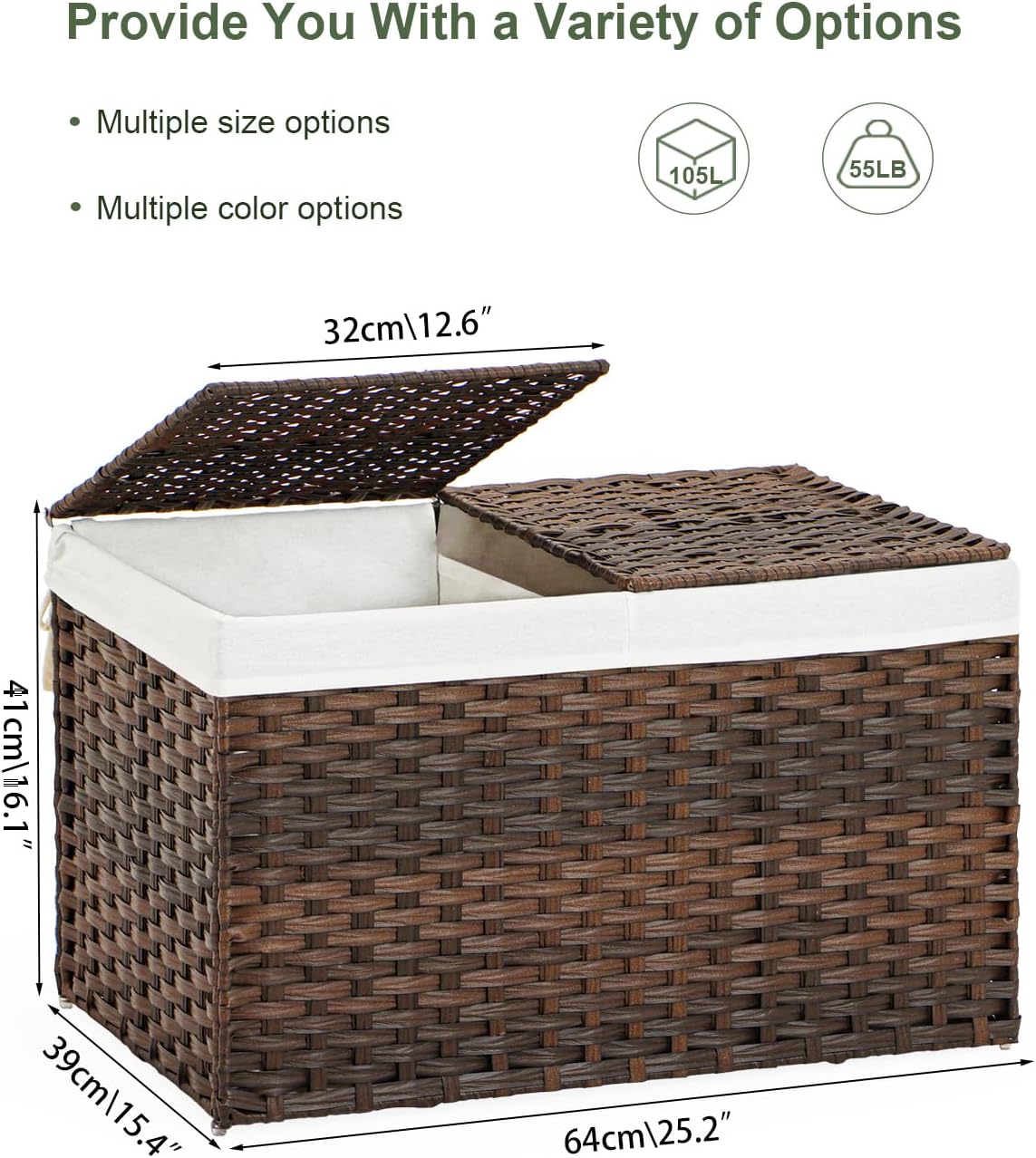Storage Basket with Lid Rattan Woven Storage Baskets with 2 Separate Lids, 17.2 Gallon (65 L), 22 x 13 x 13.8 Inches,Foldable, 2 Removable Liner Bags Handles for Bedroom, Laundry Room Natural