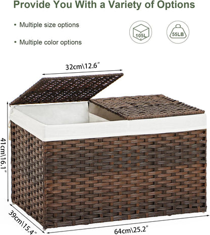 Storage Basket with Lid Rattan Woven Storage Baskets with 2 Separate Lids, 17.2 Gallon (65 L), 22 x 13 x 13.8 Inches,Foldable, 2 Removable Liner Bags Handles for Bedroom, Laundry Room Natural
