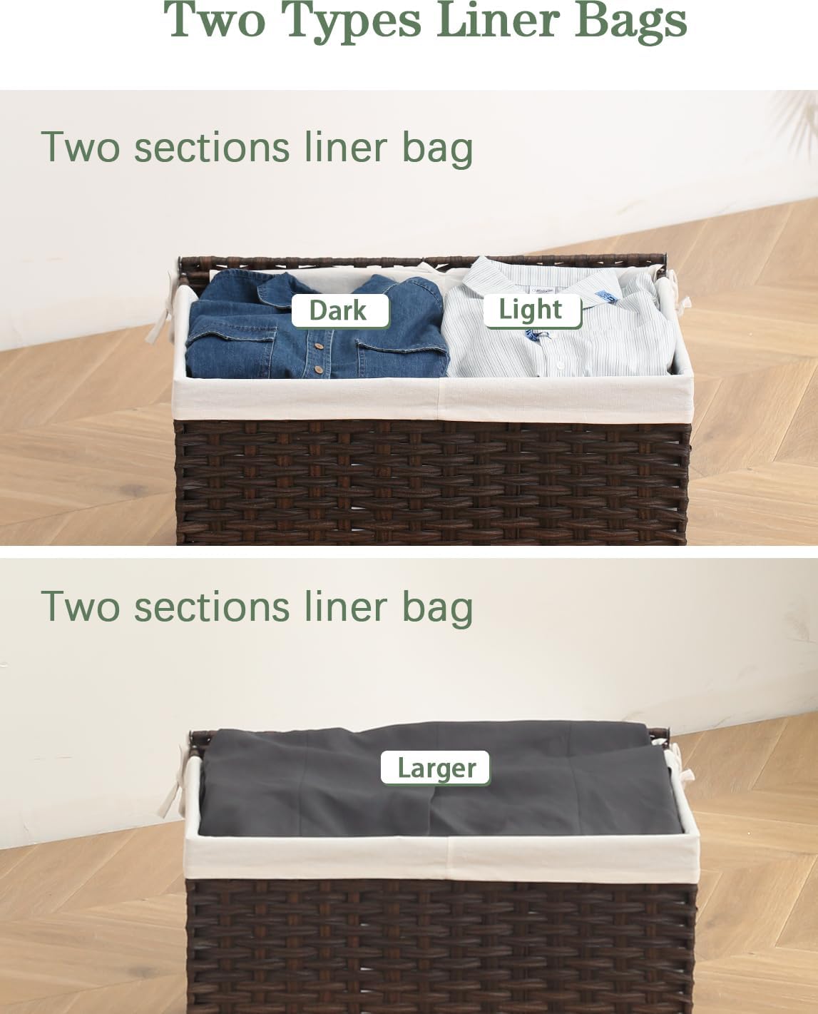 Storage Basket with Lid Rattan Woven Storage Baskets with 2 Separate Lids, 17.2 Gallon (65 L), 22 x 13 x 13.8 Inches,Foldable, 2 Removable Liner Bags Handles for Bedroom, Laundry Room Natural