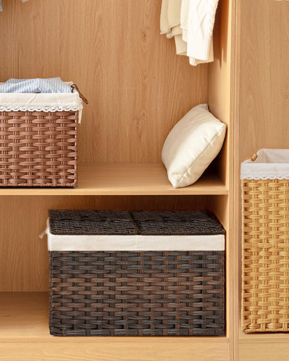 Storage Basket with Lid Rattan Woven Storage Baskets with 2 Separate Lids, 17.2 Gallon (65 L), 22 x 13 x 13.8 Inches,Foldable, 2 Removable Liner Bags Handles for Bedroom, Laundry Room Natural