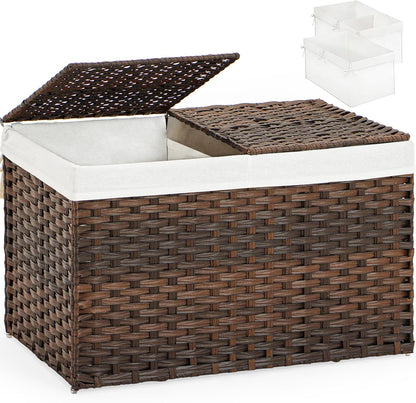 Storage Basket with Lid Rattan Woven Storage Baskets with 2 Separate Lids, 17.2 Gallon (65 L), 22 x 13 x 13.8 Inches,Foldable, 2 Removable Liner Bags Handles for Bedroom, Laundry Room Natural