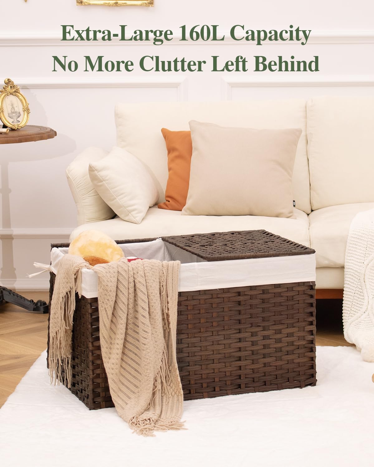 Storage Basket with Lid Rattan Woven Storage Baskets with 2 Separate Lids, 17.2 Gallon (65 L), 22 x 13 x 13.8 Inches,Foldable, 2 Removable Liner Bags Handles for Bedroom, Laundry Room Natural