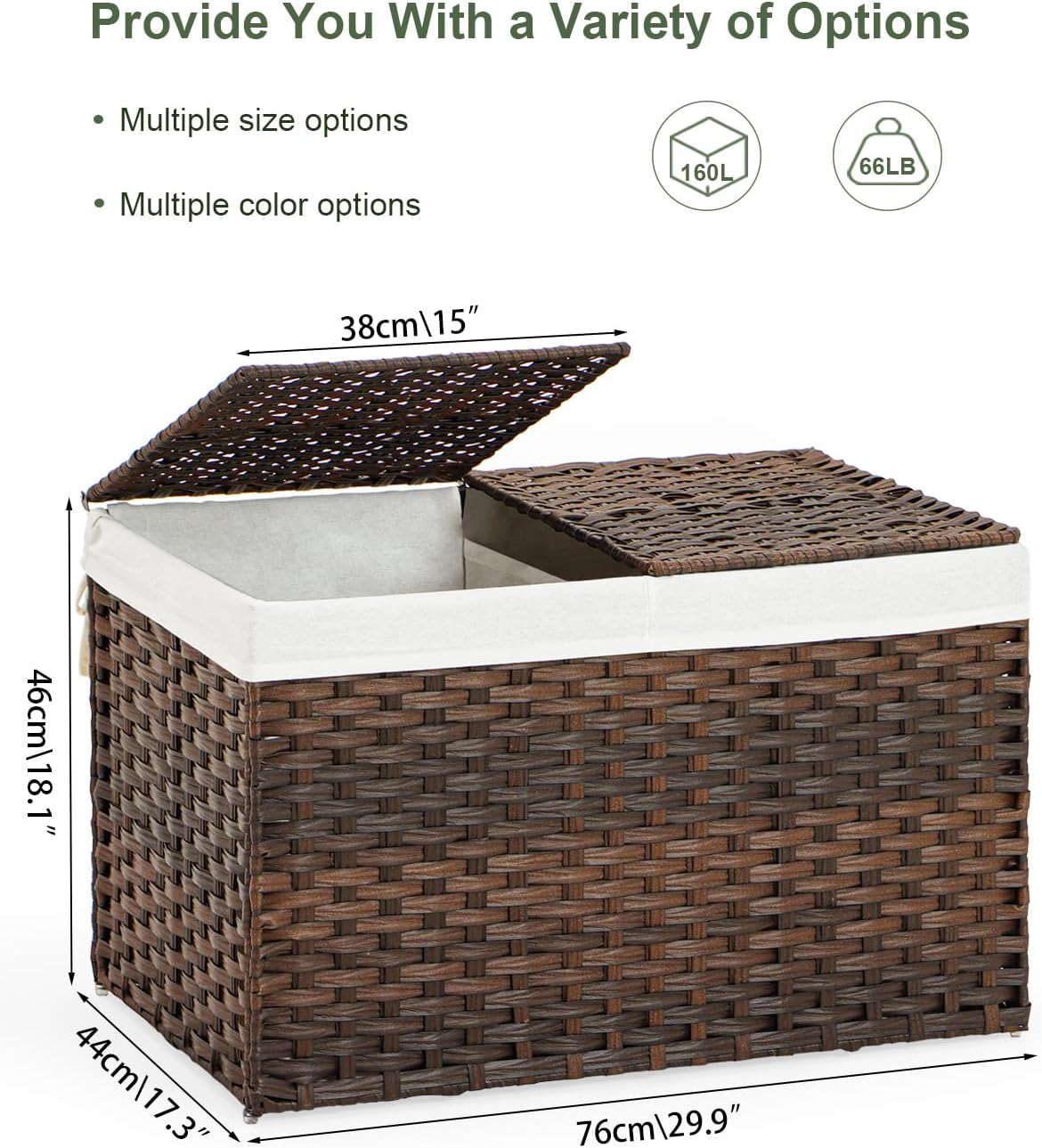 Storage Basket with Lid Rattan Woven Storage Baskets with 2 Separate Lids, 17.2 Gallon (65 L), 22 x 13 x 13.8 Inches,Foldable, 2 Removable Liner Bags Handles for Bedroom, Laundry Room Natural