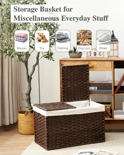 Storage Basket with Lid Rattan Woven Storage Baskets with 2 Separate Lids, 17.2 Gallon (65 L), 22 x 13 x 13.8 Inches,Foldable, 2 Removable Liner Bags Handles for Bedroom, Laundry Room Natural