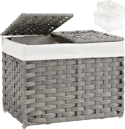 Storage Basket with Lid Rattan Woven Storage Baskets with 2 Separate Lids, 17.2 Gallon (65 L), 22 x 13 x 13.8 Inches,Foldable, 2 Removable Liner Bags Handles for Bedroom, Laundry Room Natural