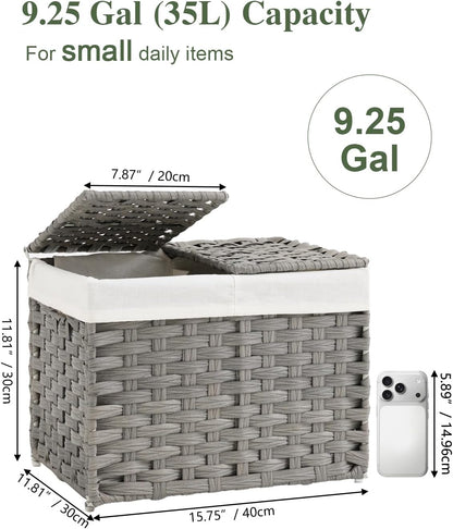 Storage Basket with Lid Rattan Woven Storage Baskets with 2 Separate Lids, 17.2 Gallon (65 L), 22 x 13 x 13.8 Inches,Foldable, 2 Removable Liner Bags Handles for Bedroom, Laundry Room Natural