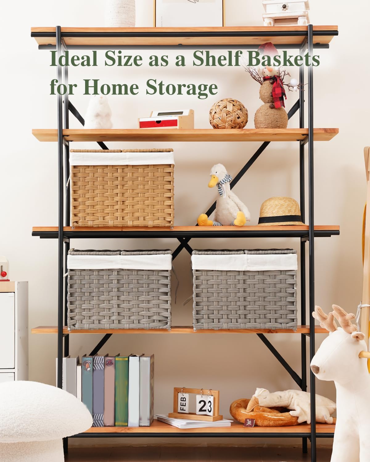 Storage Basket with Lid Rattan Woven Storage Baskets with 2 Separate Lids, 17.2 Gallon (65 L), 22 x 13 x 13.8 Inches,Foldable, 2 Removable Liner Bags Handles for Bedroom, Laundry Room Natural