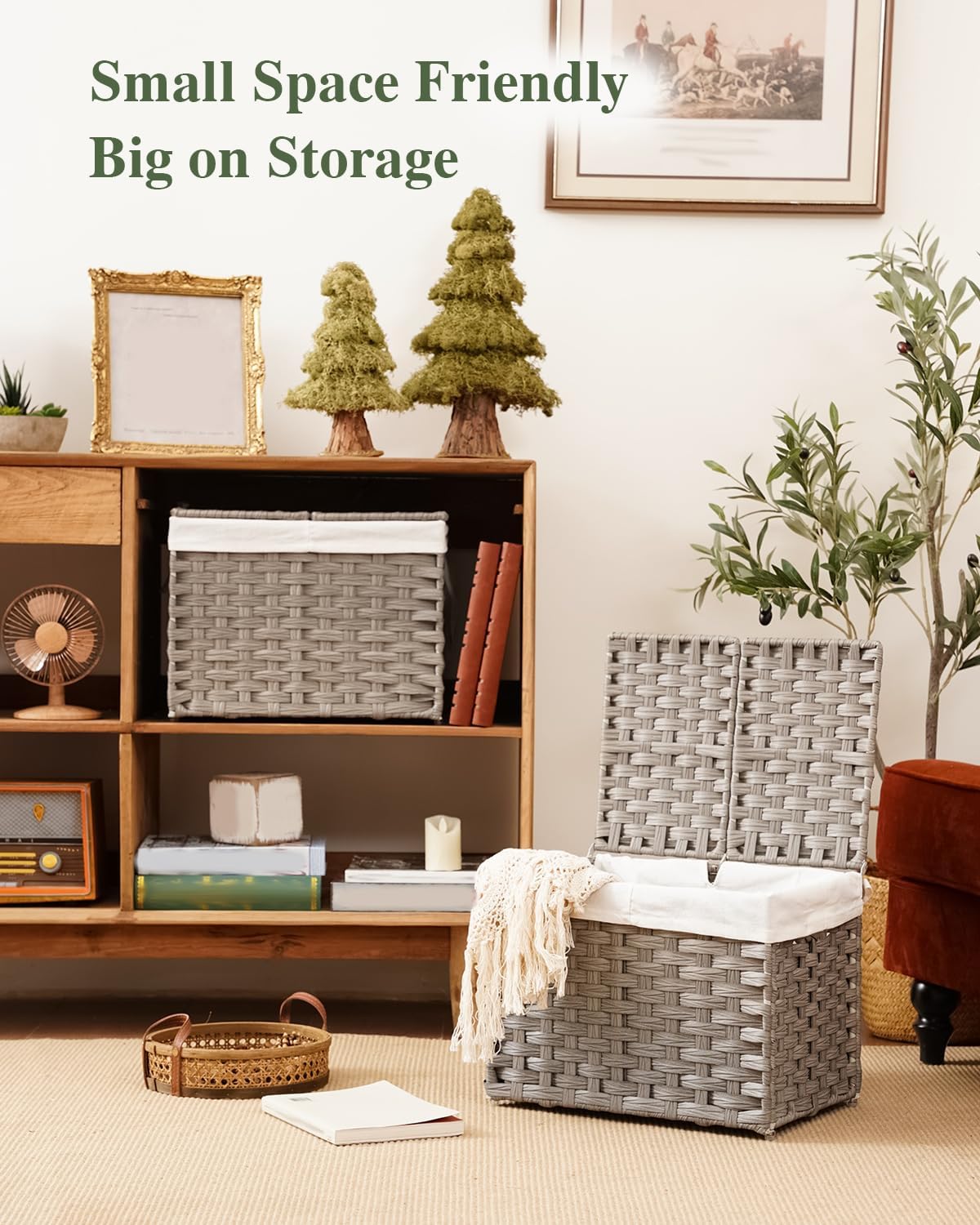 Storage Basket with Lid Rattan Woven Storage Baskets with 2 Separate Lids, 17.2 Gallon (65 L), 22 x 13 x 13.8 Inches,Foldable, 2 Removable Liner Bags Handles for Bedroom, Laundry Room Natural