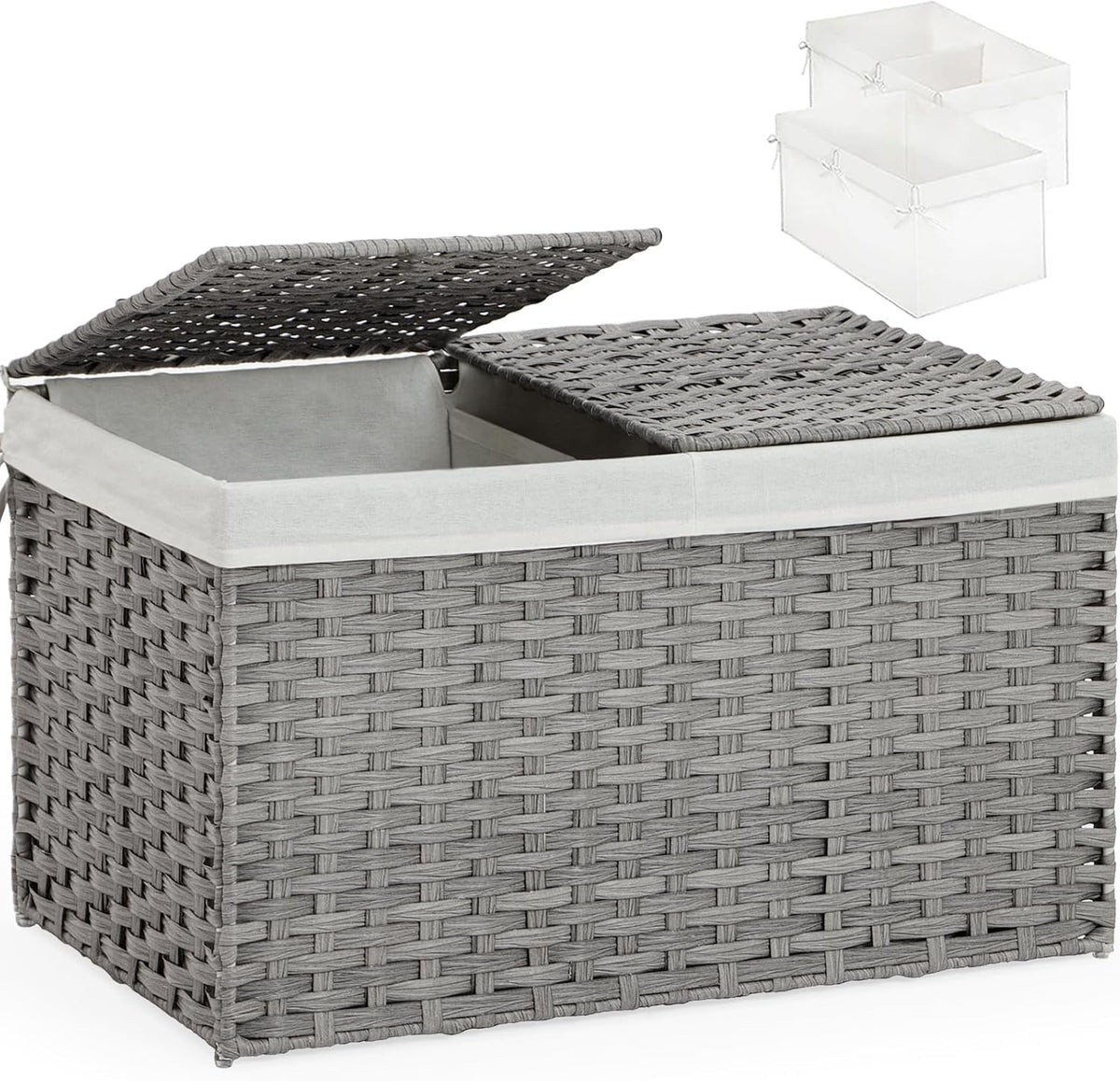 Storage Basket with Lid Rattan Woven Storage Baskets with 2 Separate Lids, 17.2 Gallon (65 L), 22 x 13 x 13.8 Inches,Foldable, 2 Removable Liner Bags Handles for Bedroom, Laundry Room Natural