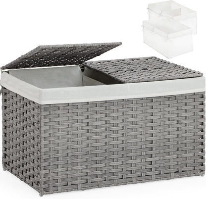 Storage Basket with Lid Rattan Woven Storage Baskets with 2 Separate Lids, 17.2 Gallon (65 L), 22 x 13 x 13.8 Inches,Foldable, 2 Removable Liner Bags Handles for Bedroom, Laundry Room Natural