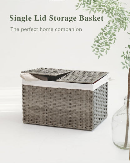 Storage Basket with Lid Rattan Woven Storage Baskets with 2 Separate Lids, 17.2 Gallon (65 L), 22 x 13 x 13.8 Inches,Foldable, 2 Removable Liner Bags Handles for Bedroom, Laundry Room Natural
