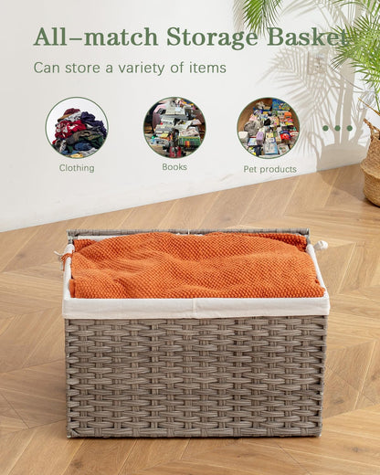 Storage Basket with Lid Rattan Woven Storage Baskets with 2 Separate Lids, 17.2 Gallon (65 L), 22 x 13 x 13.8 Inches,Foldable, 2 Removable Liner Bags Handles for Bedroom, Laundry Room Natural