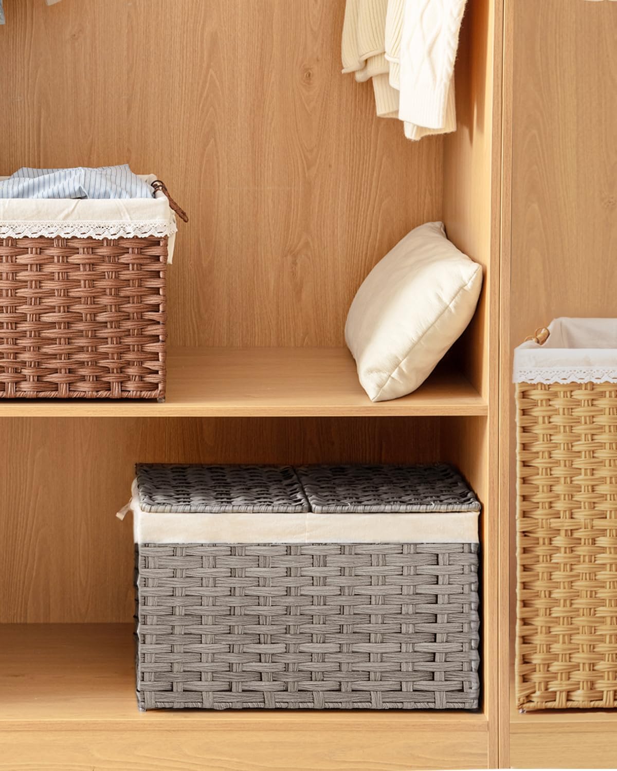 Storage Basket with Lid Rattan Woven Storage Baskets with 2 Separate Lids, 17.2 Gallon (65 L), 22 x 13 x 13.8 Inches,Foldable, 2 Removable Liner Bags Handles for Bedroom, Laundry Room Natural