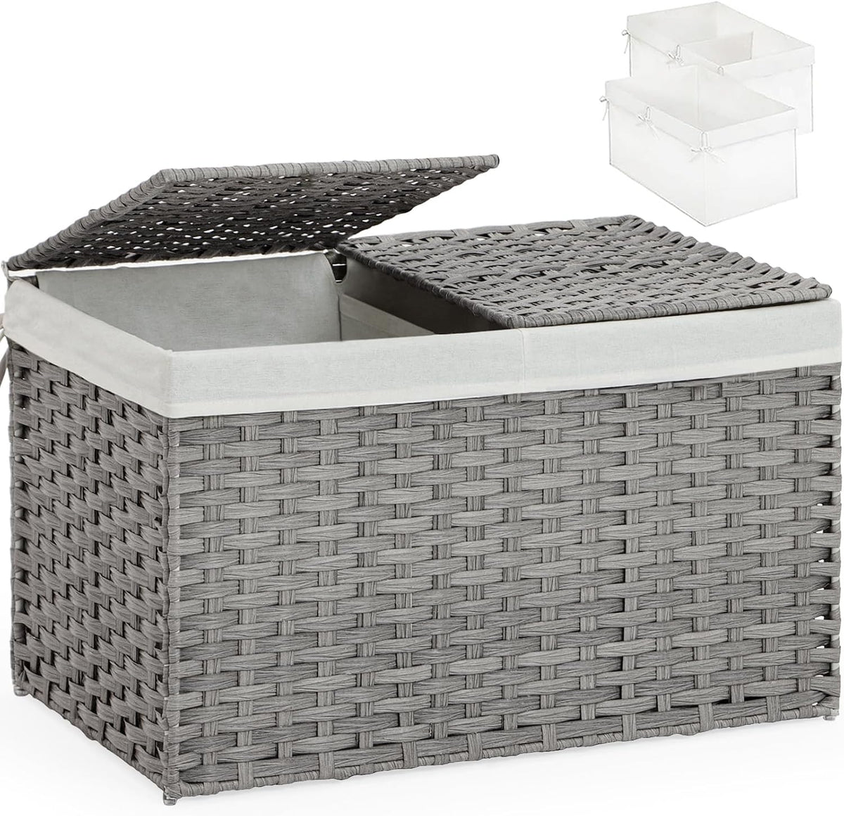 Storage Basket with Lid Rattan Woven Storage Baskets with 2 Separate Lids, 17.2 Gallon (65 L), 22 x 13 x 13.8 Inches,Foldable, 2 Removable Liner Bags Handles for Bedroom, Laundry Room Natural