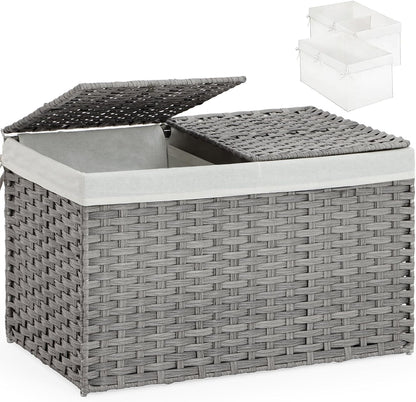 Storage Basket with Lid Rattan Woven Storage Baskets with 2 Separate Lids, 17.2 Gallon (65 L), 22 x 13 x 13.8 Inches,Foldable, 2 Removable Liner Bags Handles for Bedroom, Laundry Room Natural