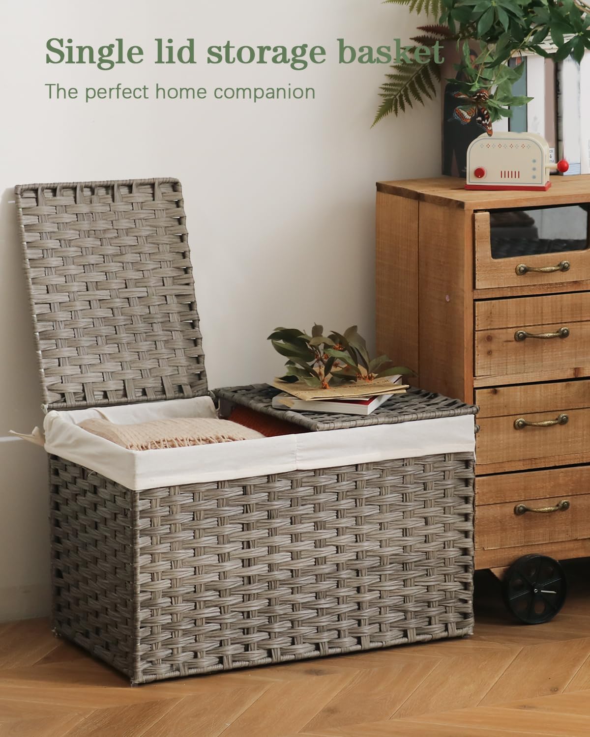 Storage Basket with Lid Rattan Woven Storage Baskets with 2 Separate Lids, 17.2 Gallon (65 L), 22 x 13 x 13.8 Inches,Foldable, 2 Removable Liner Bags Handles for Bedroom, Laundry Room Natural