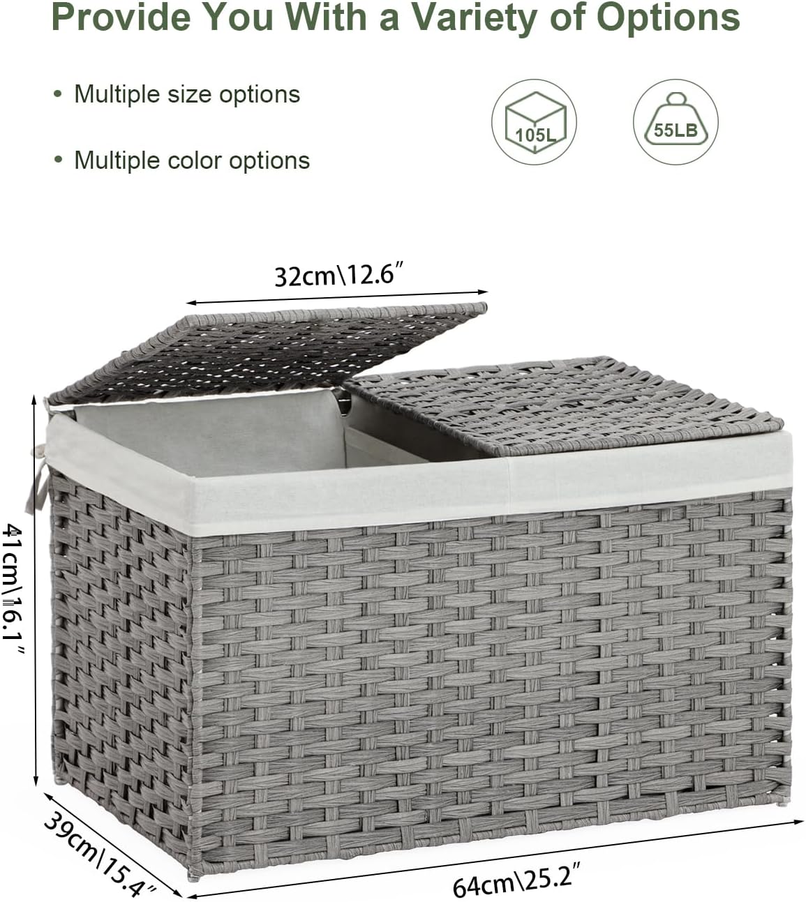 Storage Basket with Lid Rattan Woven Storage Baskets with 2 Separate Lids, 17.2 Gallon (65 L), 22 x 13 x 13.8 Inches,Foldable, 2 Removable Liner Bags Handles for Bedroom, Laundry Room Natural