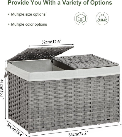 Storage Basket with Lid Rattan Woven Storage Baskets with 2 Separate Lids, 17.2 Gallon (65 L), 22 x 13 x 13.8 Inches,Foldable, 2 Removable Liner Bags Handles for Bedroom, Laundry Room Natural