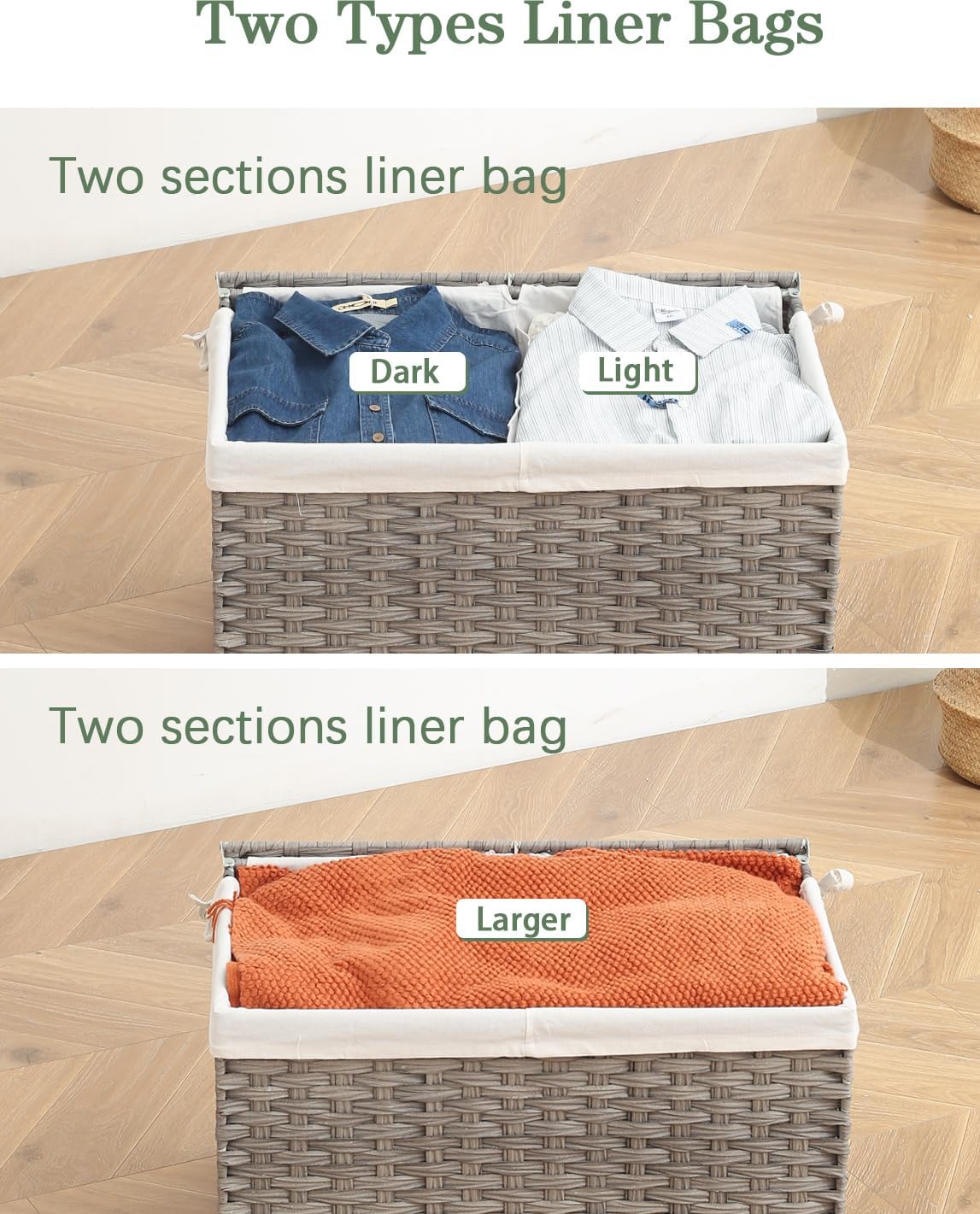 Storage Basket with Lid Rattan Woven Storage Baskets with 2 Separate Lids, 17.2 Gallon (65 L), 22 x 13 x 13.8 Inches,Foldable, 2 Removable Liner Bags Handles for Bedroom, Laundry Room Natural