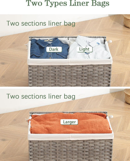 Storage Basket with Lid Rattan Woven Storage Baskets with 2 Separate Lids, 17.2 Gallon (65 L), 22 x 13 x 13.8 Inches,Foldable, 2 Removable Liner Bags Handles for Bedroom, Laundry Room Natural