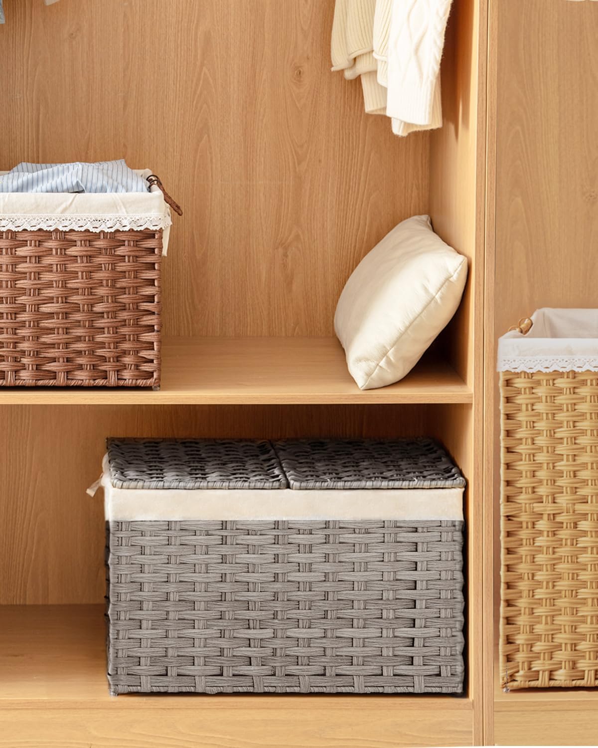 Storage Basket with Lid Rattan Woven Storage Baskets with 2 Separate Lids, 17.2 Gallon (65 L), 22 x 13 x 13.8 Inches,Foldable, 2 Removable Liner Bags Handles for Bedroom, Laundry Room Natural
