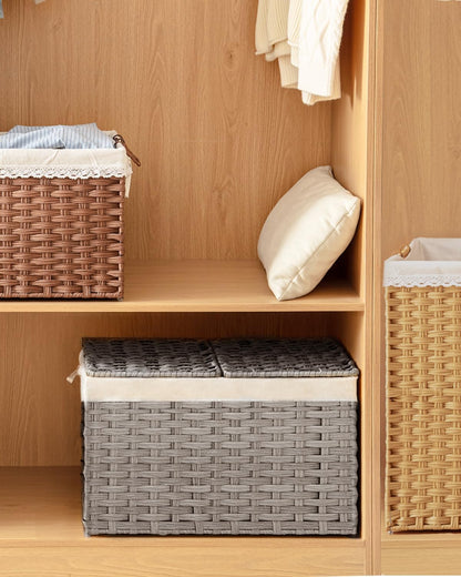 Storage Basket with Lid Rattan Woven Storage Baskets with 2 Separate Lids, 17.2 Gallon (65 L), 22 x 13 x 13.8 Inches,Foldable, 2 Removable Liner Bags Handles for Bedroom, Laundry Room Natural