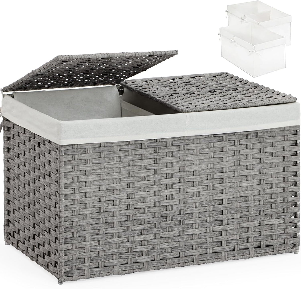 Storage Basket with Lid Rattan Woven Storage Baskets with 2 Separate Lids, 17.2 Gallon (65 L), 22 x 13 x 13.8 Inches,Foldable, 2 Removable Liner Bags Handles for Bedroom, Laundry Room Natural