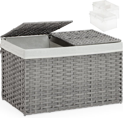 Storage Basket with Lid Rattan Woven Storage Baskets with 2 Separate Lids, 17.2 Gallon (65 L), 22 x 13 x 13.8 Inches,Foldable, 2 Removable Liner Bags Handles for Bedroom, Laundry Room Natural