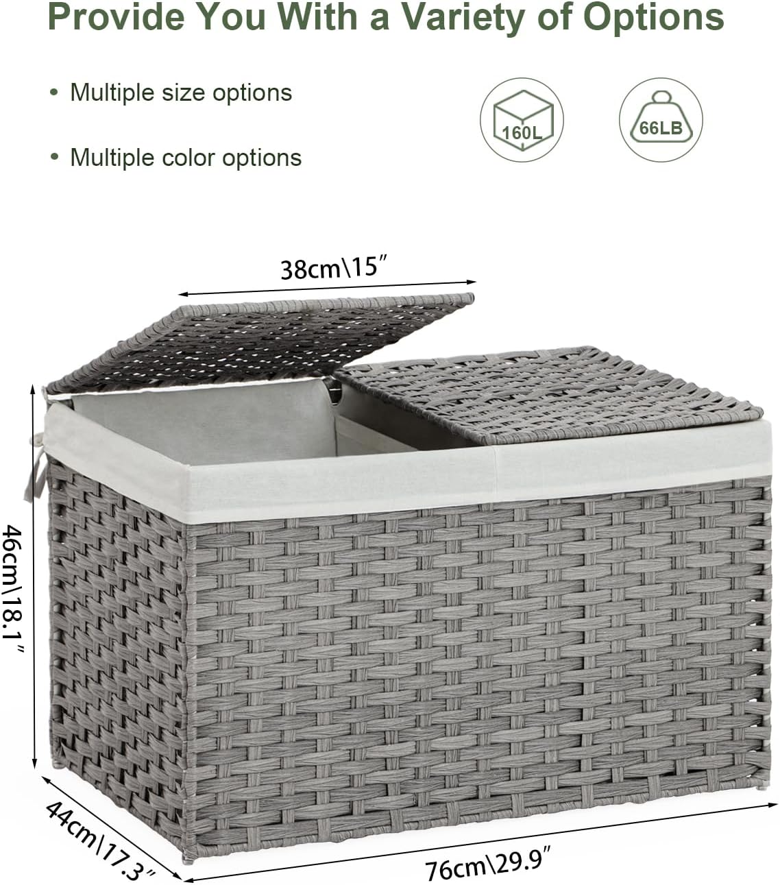 Storage Basket with Lid Rattan Woven Storage Baskets with 2 Separate Lids, 17.2 Gallon (65 L), 22 x 13 x 13.8 Inches,Foldable, 2 Removable Liner Bags Handles for Bedroom, Laundry Room Natural