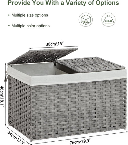 Storage Basket with Lid Rattan Woven Storage Baskets with 2 Separate Lids, 17.2 Gallon (65 L), 22 x 13 x 13.8 Inches,Foldable, 2 Removable Liner Bags Handles for Bedroom, Laundry Room Natural
