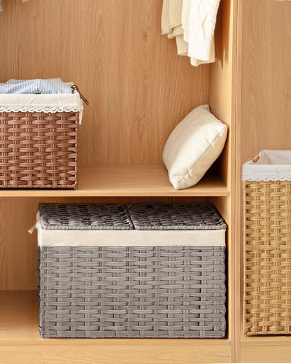 Storage Basket with Lid Rattan Woven Storage Baskets with 2 Separate Lids, 17.2 Gallon (65 L), 22 x 13 x 13.8 Inches,Foldable, 2 Removable Liner Bags Handles for Bedroom, Laundry Room Natural