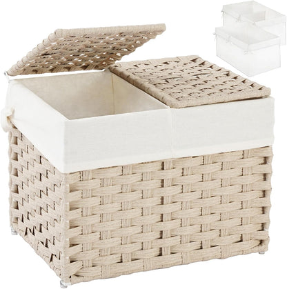 Storage Basket with Lid Rattan Woven Storage Baskets with 2 Separate Lids, 17.2 Gallon (65 L), 22 x 13 x 13.8 Inches,Foldable, 2 Removable Liner Bags Handles for Bedroom, Laundry Room Natural