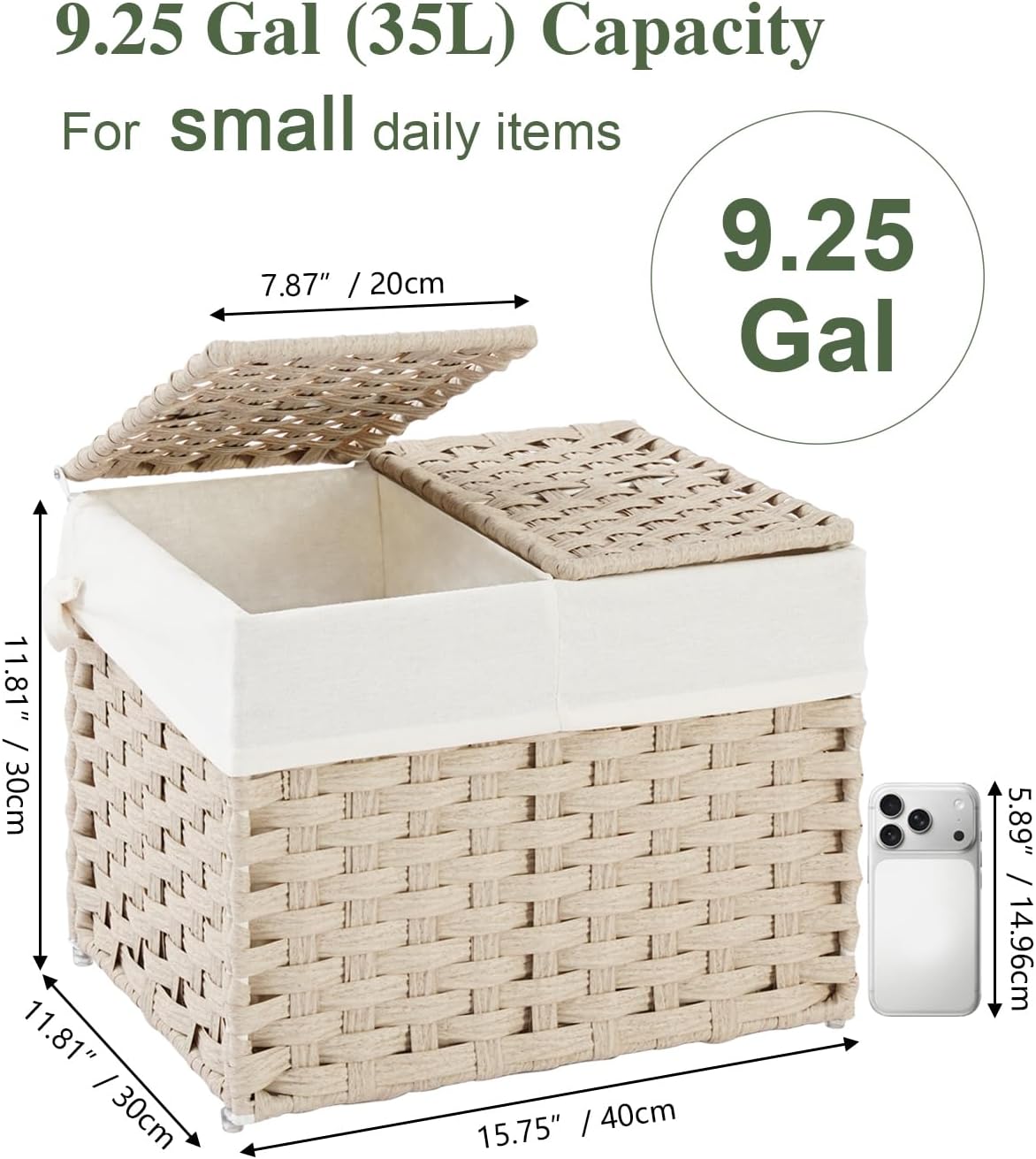 Storage Basket with Lid Rattan Woven Storage Baskets with 2 Separate Lids, 17.2 Gallon (65 L), 22 x 13 x 13.8 Inches,Foldable, 2 Removable Liner Bags Handles for Bedroom, Laundry Room Natural