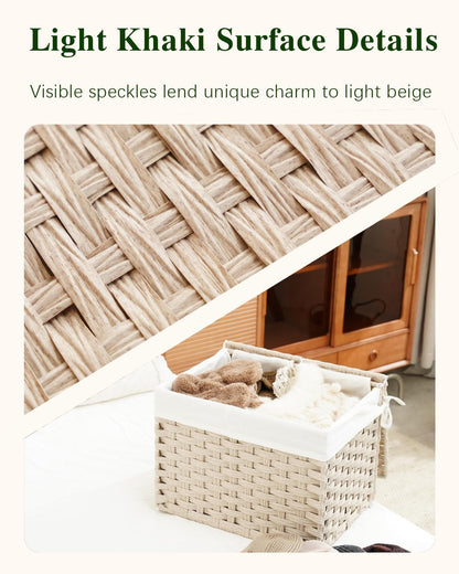Storage Basket with Lid Rattan Woven Storage Baskets with 2 Separate Lids, 17.2 Gallon (65 L), 22 x 13 x 13.8 Inches,Foldable, 2 Removable Liner Bags Handles for Bedroom, Laundry Room Natural