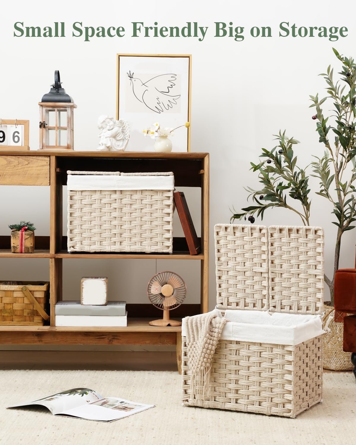 Storage Basket with Lid Rattan Woven Storage Baskets with 2 Separate Lids, 17.2 Gallon (65 L), 22 x 13 x 13.8 Inches,Foldable, 2 Removable Liner Bags Handles for Bedroom, Laundry Room Natural