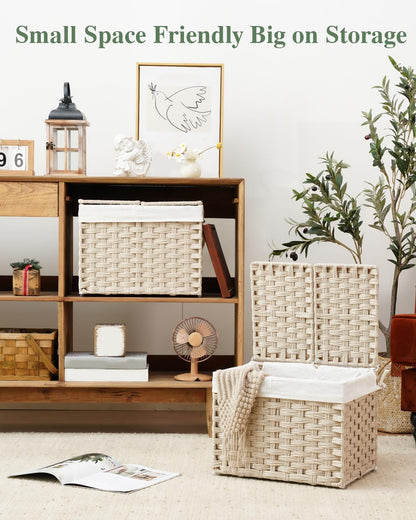 Storage Basket with Lid Rattan Woven Storage Baskets with 2 Separate Lids, 17.2 Gallon (65 L), 22 x 13 x 13.8 Inches,Foldable, 2 Removable Liner Bags Handles for Bedroom, Laundry Room Natural