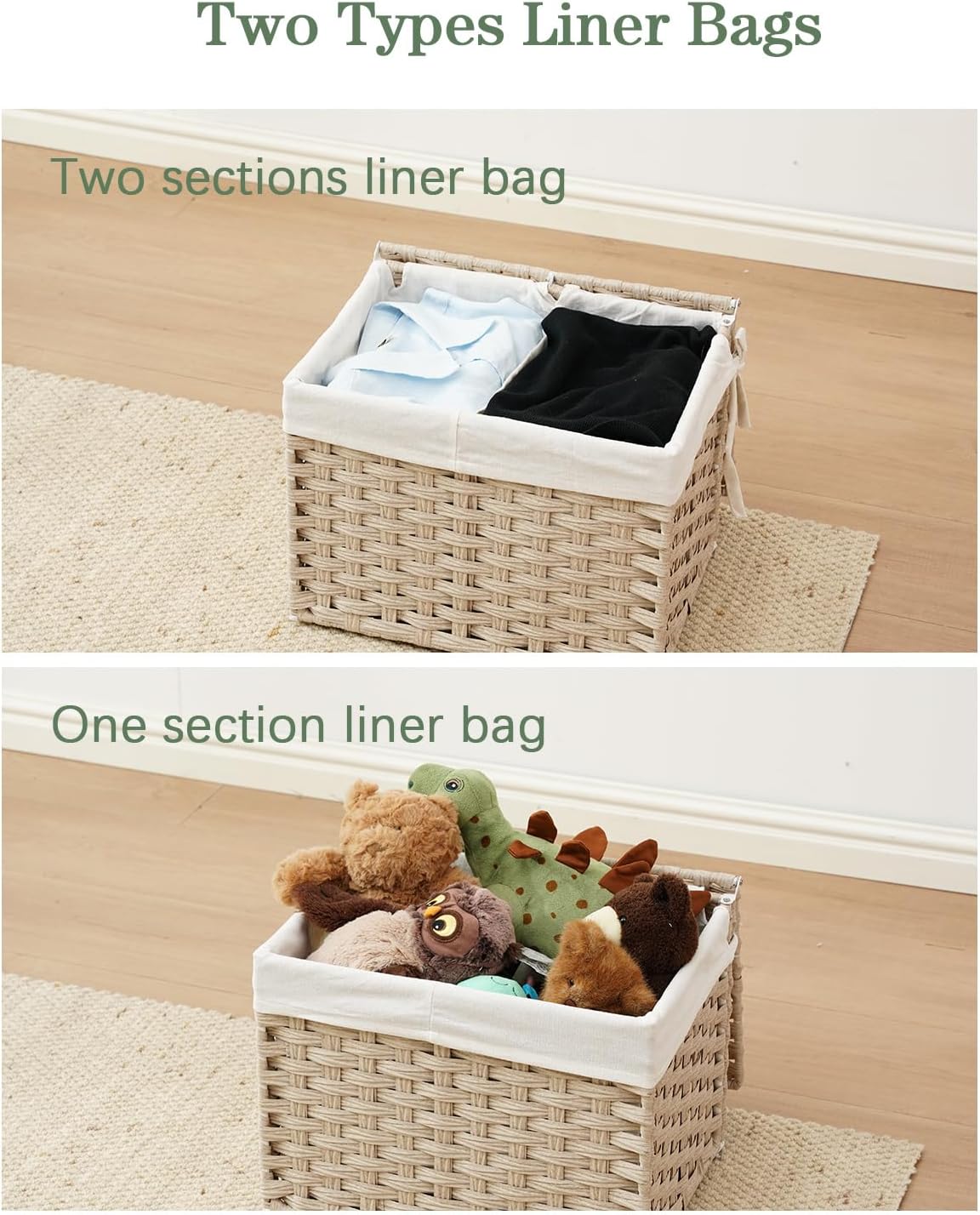 Storage Basket with Lid Rattan Woven Storage Baskets with 2 Separate Lids, 17.2 Gallon (65 L), 22 x 13 x 13.8 Inches,Foldable, 2 Removable Liner Bags Handles for Bedroom, Laundry Room Natural