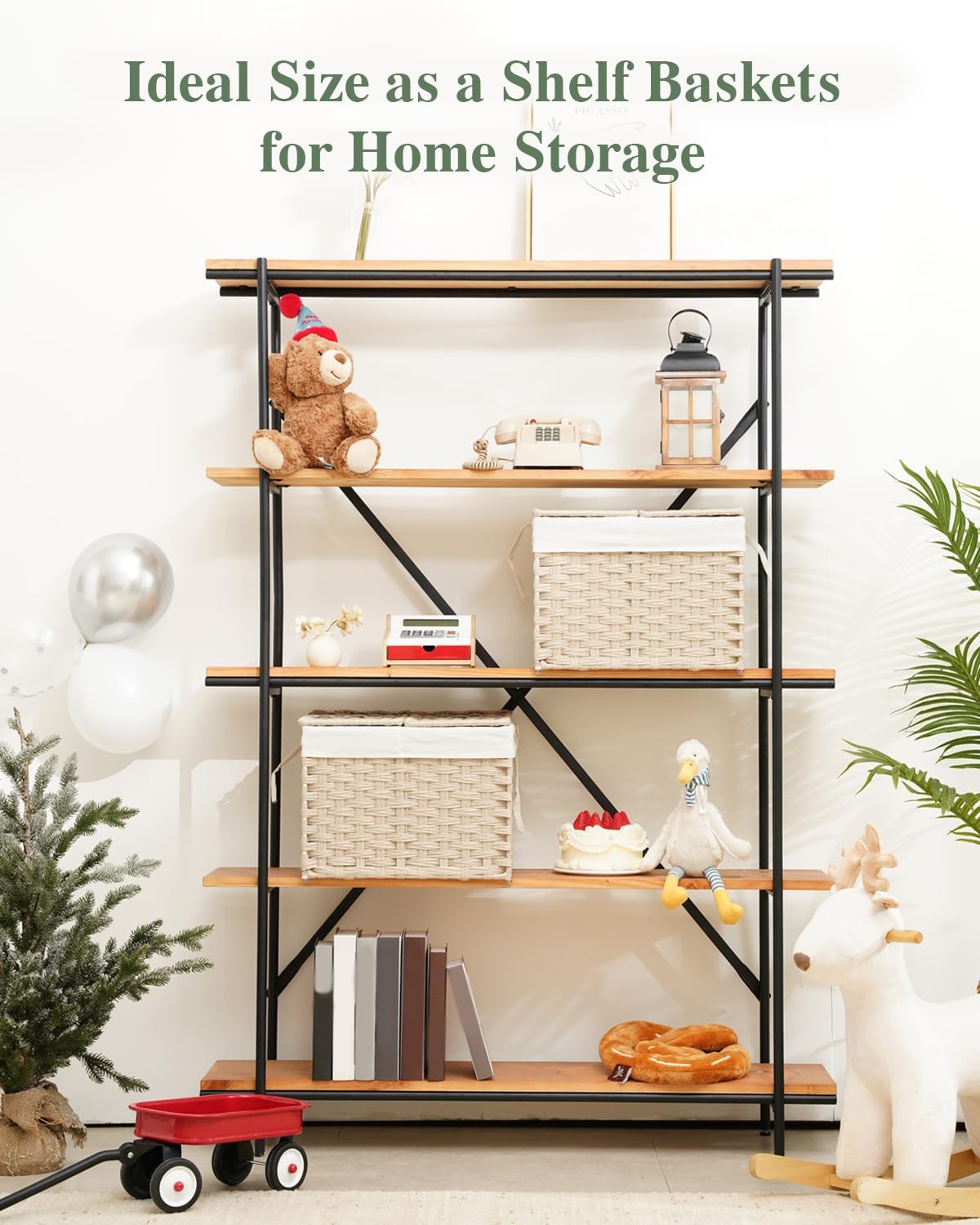 Storage Basket with Lid Rattan Woven Storage Baskets with 2 Separate Lids, 17.2 Gallon (65 L), 22 x 13 x 13.8 Inches,Foldable, 2 Removable Liner Bags Handles for Bedroom, Laundry Room Natural