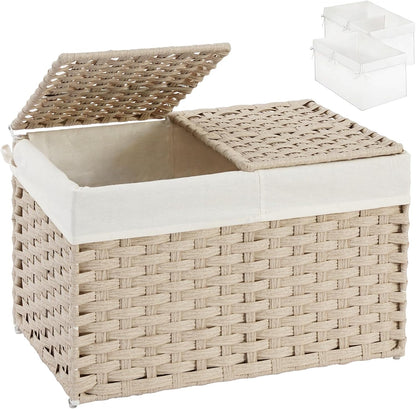 Storage Basket with Lid Rattan Woven Storage Baskets with 2 Separate Lids, 17.2 Gallon (65 L), 22 x 13 x 13.8 Inches,Foldable, 2 Removable Liner Bags Handles for Bedroom, Laundry Room Natural