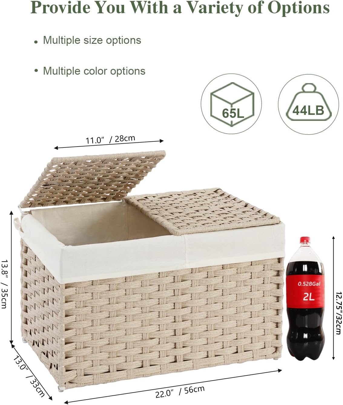 Storage Basket with Lid Rattan Woven Storage Baskets with 2 Separate Lids, 17.2 Gallon (65 L), 22 x 13 x 13.8 Inches,Foldable, 2 Removable Liner Bags Handles for Bedroom, Laundry Room Natural