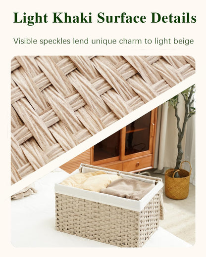 Storage Basket with Lid Rattan Woven Storage Baskets with 2 Separate Lids, 17.2 Gallon (65 L), 22 x 13 x 13.8 Inches,Foldable, 2 Removable Liner Bags Handles for Bedroom, Laundry Room Natural